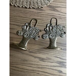 Vintage Brass Flower Basket Bookends Cottagecore 9” Brass Bookend Set